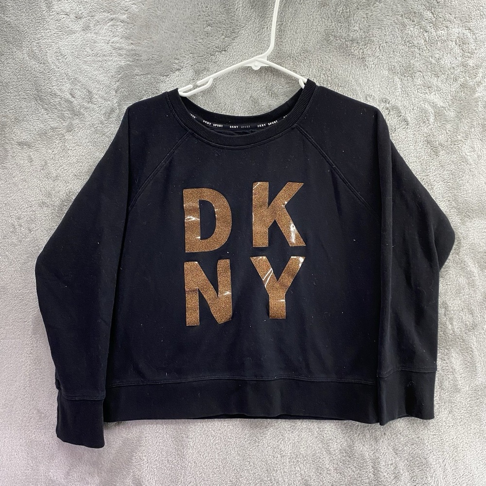 DKNY Sport Women Small Black Gold Glitter Logo Cropped Crewneck Sweatshirt